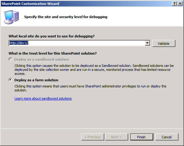 Set the SharePoint site to deploy to
