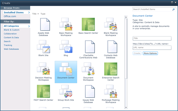 site creation screen