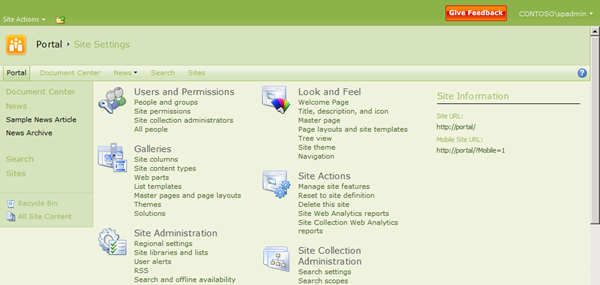 Site administration pages with greens theme applied.